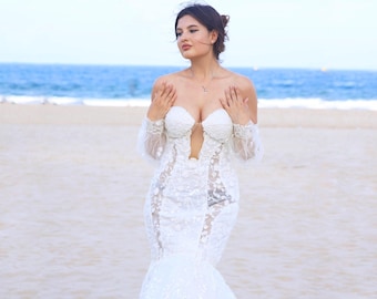 Elegant Lace Mermaid Wedding Gown | Off the Shoulder Bridal Dress with Detachable Sleeves | Fitted Silhouette with Sweep Train