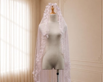 Velo da sposa in organza rosa chiaro con fiori, velo da sposa con perle floreali 3D, velo da sposa lungo in morbido tulle, velo da cappella in pizzo romantico