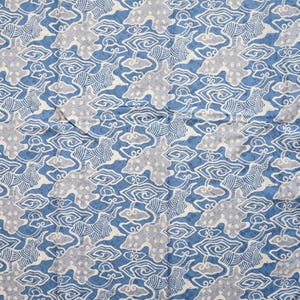 Puede incluir: Tela estampada azul y gris con un diseño repetitivo en forma de nube. La tela tiene un borde con un patrón geométrico. El diseño general es una mezcla de azul claro y oscuro con acentos grises.