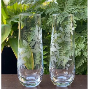 May include: Two clear glass tumblers with etched white plumeria flowers. The glasses are on a wooden surface.