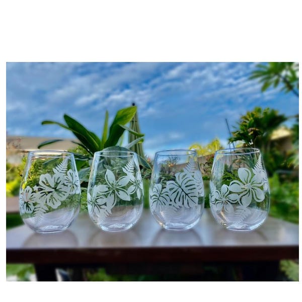 Hawaiian Print Stemless Wine Glasses