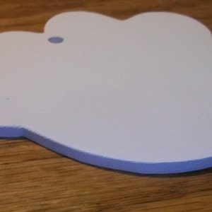 May include: A light blue paw-shaped wooden ornament with a hole for hanging.