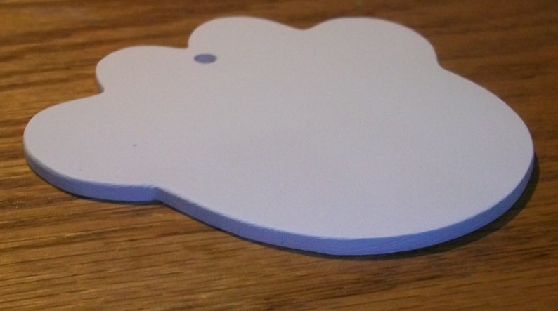 May include: A light blue paw-shaped wooden ornament with a hole for hanging.