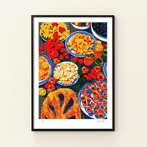 Snackattacke bei Tante May, Kunstdruck „Käseplatte“, Poster, Wandbild, Geschenk, Wohnaccessoires, Siebdruck, Risographie, abstrakte Kunst