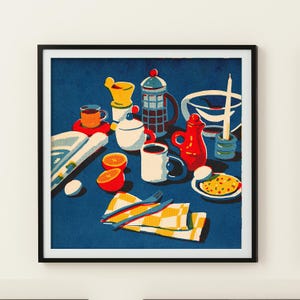 Café, cartas e o sol da manhã, impressão artística, pôster, arte de parede, decoração para casa, estilo serigrafia, estilo impressão risográfica, impressões de arte, arte abstrata