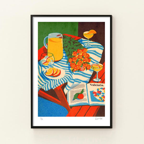Stampa artistica "Sole sul tavolo", poster, decorazione murale, regalo, arredamento per la casa, stile serigrafia, stile stampa risografica, arte astratta, estetica