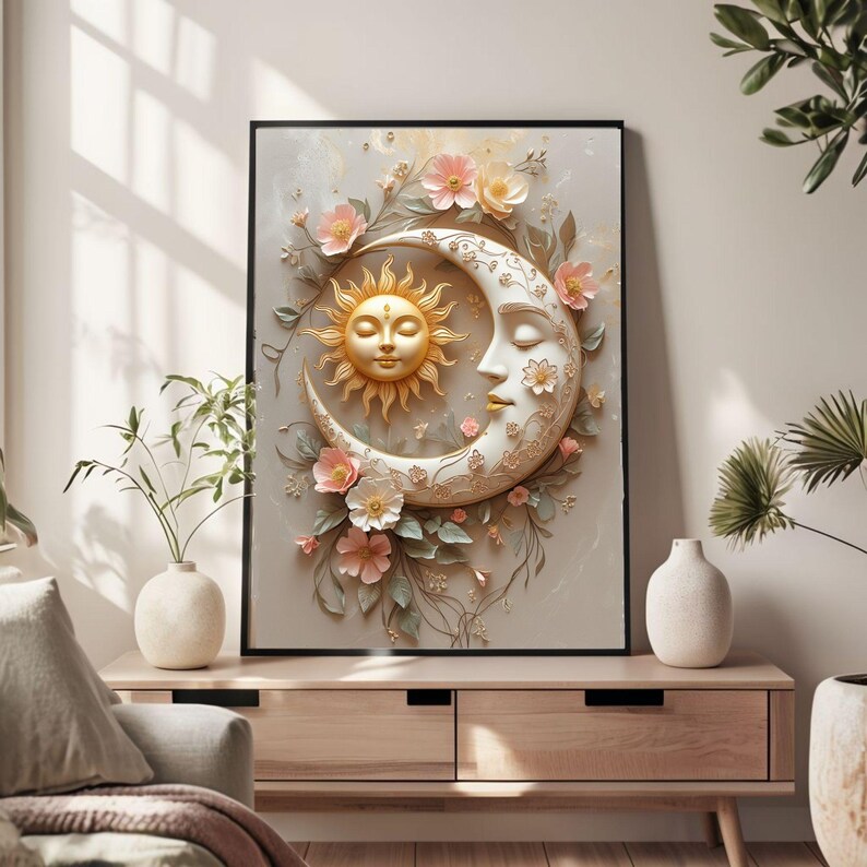 Boho Sun and Moon Wall Art | Floral Celestial Poster | Aesthetic Moon ...