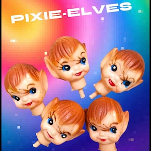 May include: Five molded plastic elf heads with brown hair, pointed ears, blue eyes, and red lips. Each head features a small neck peg for attachment. The text PIXIE-ELVES is printed in white at the top against a vibrant, multi-colored gradient background.