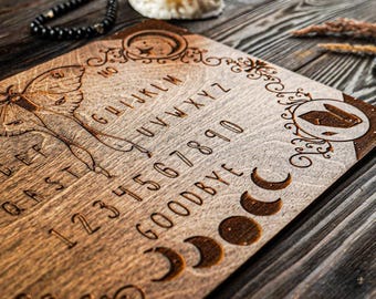 Houten ouijabord met planchette, waarzeggerij, talkin spirit board, hekserij, ritueel gereedschap, magische gereedschappen, heksencadeau, occult decor