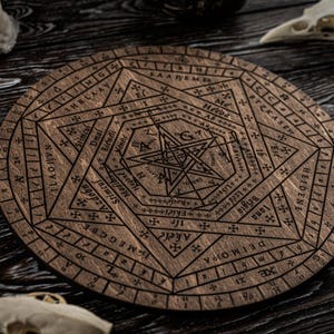 Puede incluir: Un tablero circular de madera con intrincados patrones geométricos grabados con láser, una estrella central y varios caracteres alfanuméricos. El diseño incluye múltiples anillos concéntricos y símbolos, con textos como Heeda, Azdobn y Deimopa.
