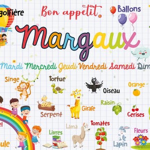 May include: A vibrant educational poster with the name "Margaux" in large letters. It features illustrations of animals, food, and the days of the week, with French words like "Soleil" and "Arbre".