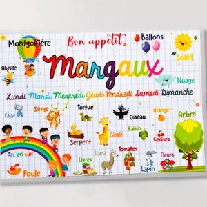 Tovaglietta per bambini personalizzata con nome, supporto educativo colorato per pasti divertenti, parole da riconoscere, apprendimento dai 3 ai 7 anni
