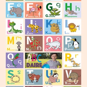 Libro dell'alfabeto personalizzato con animali, Poster con nome e foto, Decorazione per la cameretta del bambino, Poster didattico, Regalo per imparare l'alfabeto