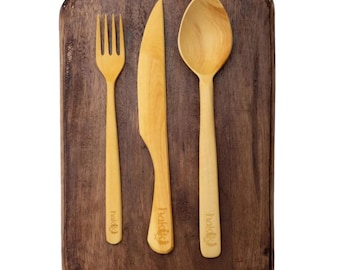 Personalized Handmade Boxwood Kitchen Utensil Set Triple Natural Wooden Spoons and Spatula