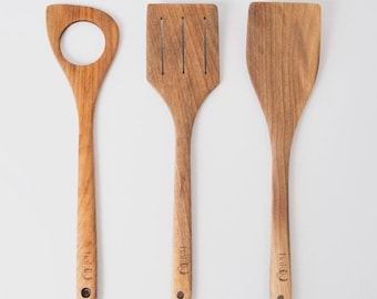 Handmade Walnut Spatula Set | 30cm Scoop, Solid & Slotted Spatulas | Natural Wooden Cooking Utensils