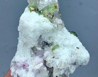 Green Tourmaline, Lepidolite & Quartz on Albite – Afghanistan Mineral Specimen