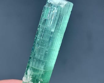 Può includere: Cristallo traslucido con gradiente di colore, da verde scuro alla base a turchese chiaro in alto. La superficie è strutturata con striature visibili. Piccoli depositi minerali bianchi. Il cristallo è tenuto da una persona.
