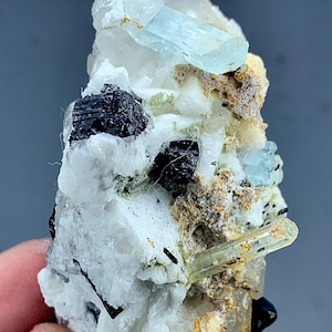 113 Grams Rare Blue Aquamarine Crystal with Black Tourmaline, Quartz & Albite Combination – Natural Mineral Specimen from Afghanistan