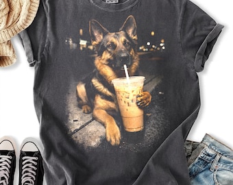 Comfort Colors® Cool german shepherd Dog Drinking Iced Coffee T-Shirt, Funny Dog With Sunglasses, Rottweiler Lover Gift, Dog Meme Shirt