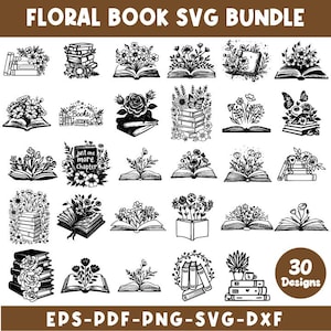 Può includere: Una collezione di 30 disegni di libri floreali in bianco e nero. I disegni includono libri aperti, pile di libri e libri con composizioni floreali. Il testo include "FLORAL BOOK SVG BUNDLE", "Books", "just one more chapter" e tipi di file.