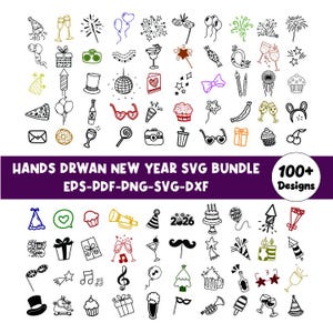 Puede incluir: Una colección de más de 100 diseños SVG de Año Nuevo dibujados a mano en blanco y negro. Las ilustraciones incluyen copas de champán, fuegos artificiales, gorros de fiesta y otros elementos festivos. También está presente el texto "HANDS DRWAN NEW YEAR SVG BUNDLE".