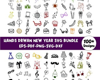 Paquete SVG de Año Nuevo dibujado a mano: imágenes prediseñadas de garabatos de Feliz Año Nuevo, iconos de fiesta SVG, imágenes prediseñadas de fuegos artificiales, diseños de invitaciones para fiestas festivas