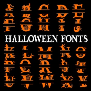 Puede incluir: Fuentes de Halloween naranjas sobre un fondo negro. Cada letra está diseñada con elementos espeluznantes como murciélagos, telarañas, sombreros de bruja y calabazas. Las palabras "HALLOWEEN FONTS" se muestran en blanco, agregando al diseño festivo.