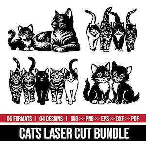 Puede incluir: Ilustraciones de gatos en blanco y negro en varias poses, incluyendo un gato acostado y grupos de gatos de pie. La imagen incluye el texto "CATS LASER CUT BUNDLE".