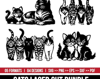 Walking Cats Silhouette: Cat Silhouette, Cat Cut File, Five Cats SVG DXF, Laser, Glowforge & Cricut