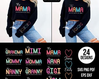 This Mama/Grandma/Nana Wears Her Heart on Her Sleeve Png, Mama Bundle, Custom Kids Names, Mothers Day Gift, Svg Gift for Her, Digital File