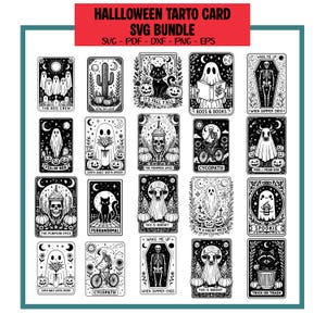 May include: A black and white Halloween-themed SVG bundle featuring tarot card designs. Each card showcases unique illustrations of ghosts, skeletons, cats, and pumpkins, with phrases like "Boos & Books" and "It's Fall Y'all".