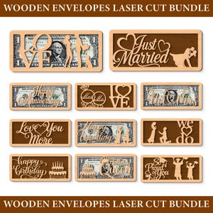 May include: A collection of laser-cut wooden envelopes with various designs. Some envelopes feature the words "Love," "Just Married," "Happy Anniversary," "Love You More," "Happy Wedding," "Happy Birthday," "Birthday Queen," and "So Proud of You."