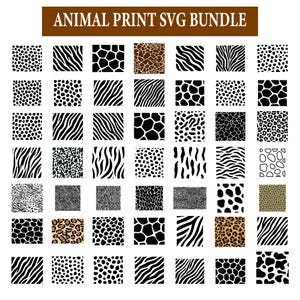 以下が含まれることがあります： 黒、白、茶色の動物柄のコレクション。シマウマのストライプ、ヒョウ柄、キリン柄、その他の動物の皮膚のテクスチャが含まれています。「ANIMAL PRINT SVG BUNDLE」というテキストが上部にあります。