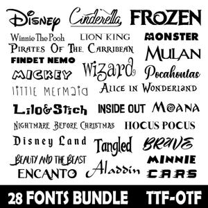 May include: A black and white graphic featuring the names of 28 Disney movies and characters in various fonts. Titles include "Frozen", "Cinderella", "Mickey", "Aladdin", and "Beauty and the Beast". The text "28 FONTS BUNDLE TTF-OTF" is at the bottom.
