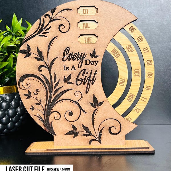 Laser Cut Perpetual Calendar SVG: Floral Engraved Desktop DIY Template (4-6mm)