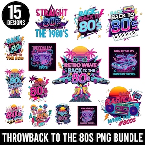 Puede incluir: Una colección de 15 diseños retro con colores neón vibrantes, que incluyen radiocasetes, patines y el texto "Back to the 80s". Los diseños están en un paquete PNG, perfecto para proyectos digitales.