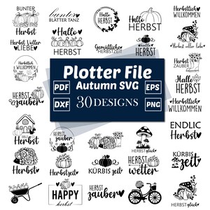 Puede incluir: Una colección de 30 diseños SVG con temática otoñal, con calabazas, hojas y saludos de temporada. Los diseños incluyen texto como "Hallo Herbst" y "Herbst Zauber", perfectos para proyectos de manualidades. Disponibles en formatos PDF, DXF, EPS y PNG.
