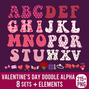 May include: A Valentine's Day-themed digital alphabet in various shades of pink and red, with heart and floral patterns. The image includes decorative elements like hearts, roses, and rings. Text reads "VALENTINE'S DAY DOODLE ALPHA" and "8 SETS + ELEMENTS".