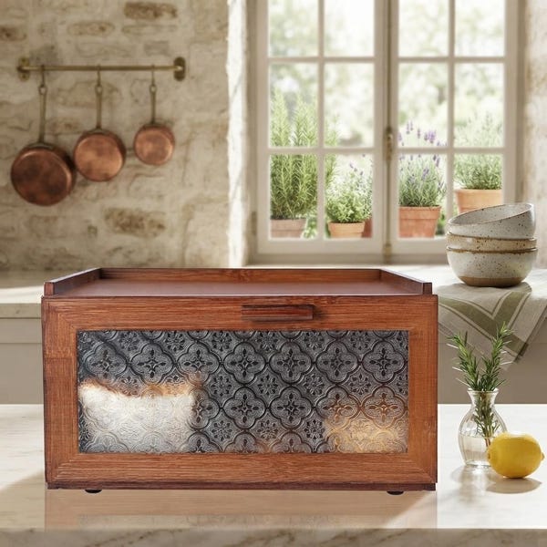 Vintage Bamboo Bread Box, Retro Bread Box for Kitchen Counter, Farmhouse Bread Storage Bin, Bread Keeper with Clear Door, Kitchen Counter