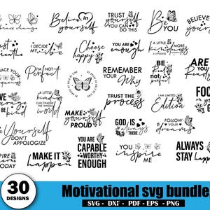 May include: A set of 30 black motivational SVG designs, including phrases such as "Choose happy" and "Make it happen." The designs incorporate butterflies and floral elements. Available in SVG, DXF, PDF, EPS, and PNG formats.