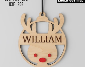 Reindeer Ornament SVG, Personalized Christmas Name Tag SVG, Custom Wood Ornament Laser Cut, Christmas Decor SVG, Reindeer Christmas Ornament