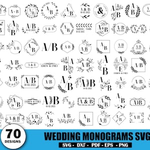Puede incluir: Una colección de 70 monogramas de boda en blanco y negro. Los diseños presentan iniciales, fechas y elementos florales en varias formas, incluyendo círculos, cuadrados y hexágonos. También está presente el texto "WEDDING MONOGRAMS SVG".