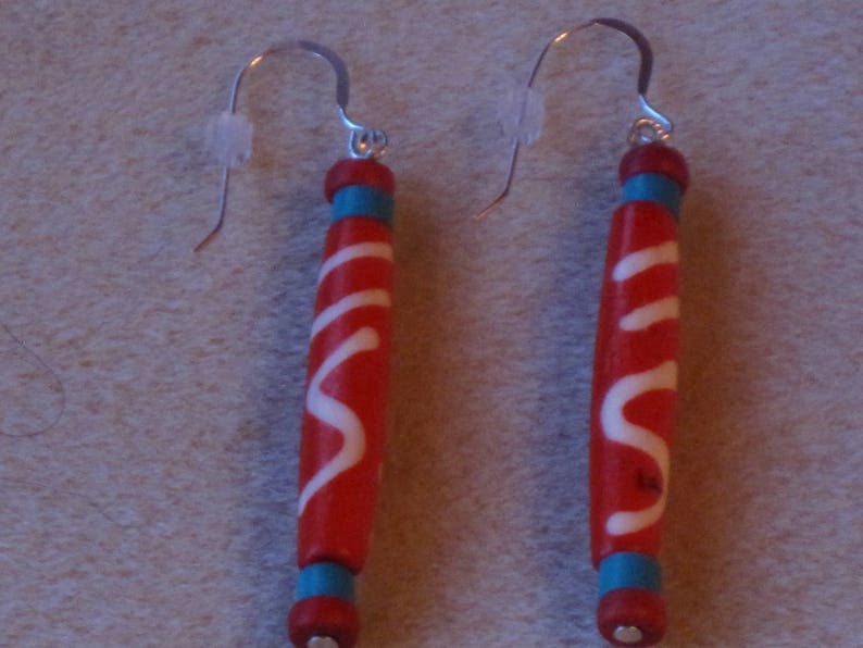 Boho Southwestern Native American Turquoise Red with White Design Bone Tube Hair Pipe Ear wire Earrings Ethnic