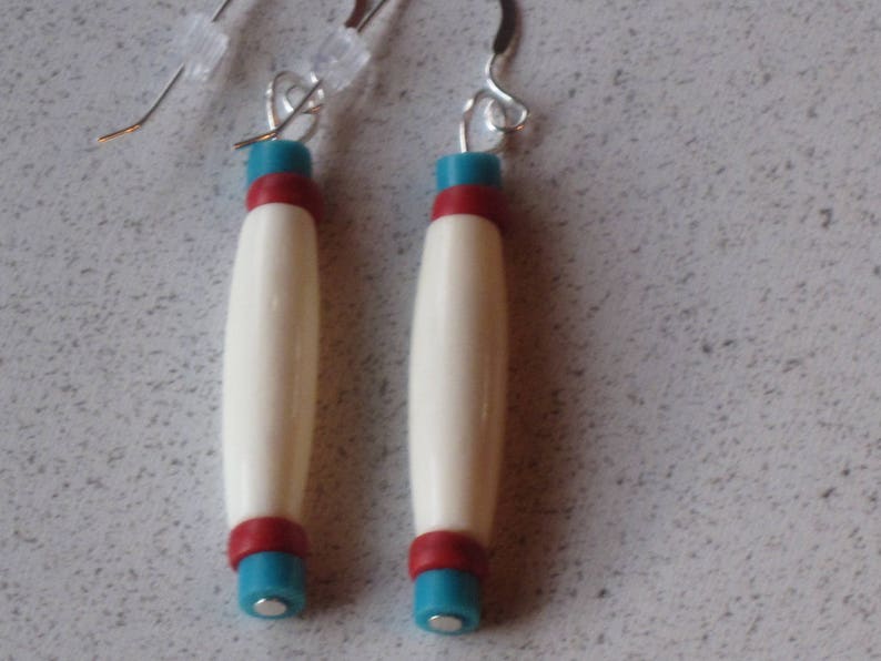 Boho Southwestern Native American Turquoise Red with White Design Bone Tube Hair Pipe Ear wire Earrings Ethnic