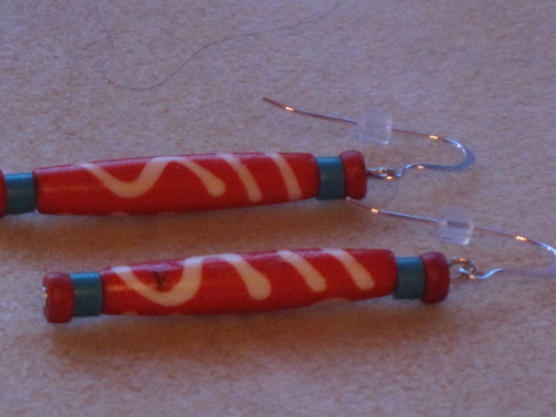 Boho Southwestern Native American Turquoise Red with White Design Bone Tube Hair Pipe Ear wire Earrings Ethnic
