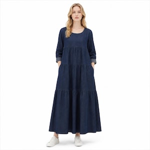 dress denim muslimah Hdhdeueh Women Muslim Long Sleeve Stitching Denim Dress Turkey Kaftan Middle East Arab Islam Robe Blue at Amazon Women's Clothing store