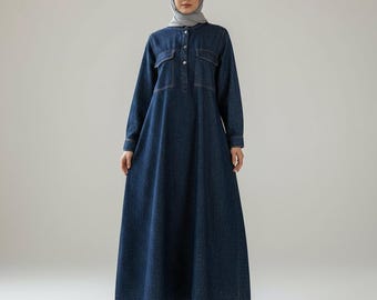 Sustainable Denim Abaya Jacket – Minimalist Long Coat, Waist Tie