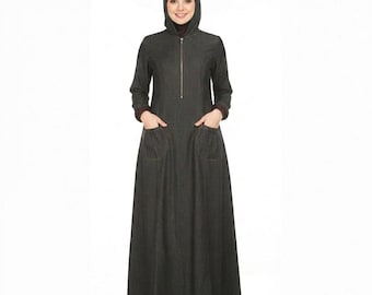 Unwashed Black Denim Abaya | Modest Long Sleeve Hooded Dress