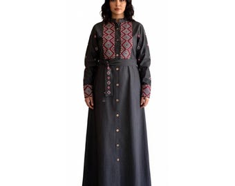 Chaqueta abaya larga de mezclilla para mujer modesta, vestido musulmán largo con bordado elegante