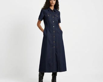 Denim Button-Down Midi Dress – European Style